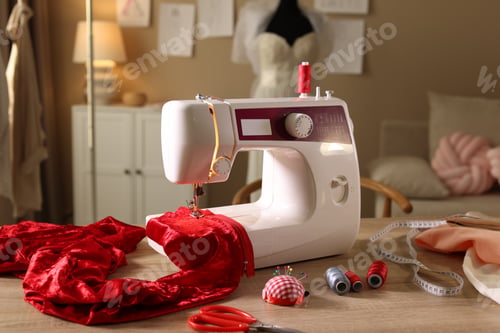 Preview: Sewing machine, fabrics and tools on wooden table in workshop