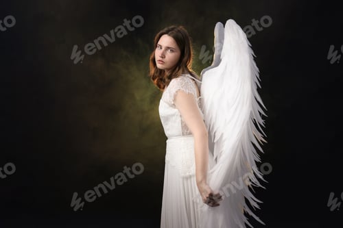 Preview: Beautiful girl with angel wings on black background with smoke, space for text