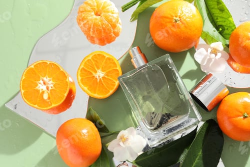 Preview: Bottle of perfume, flowers and tangerines on light green background, flat lay