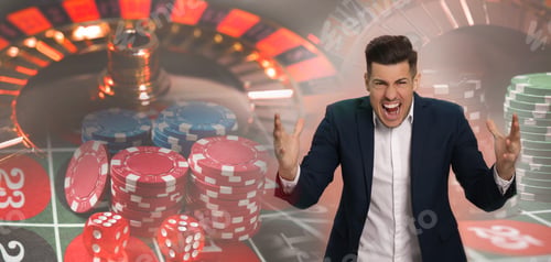Preview: Angry gambler, casino chips, dice and roulette. Banner design