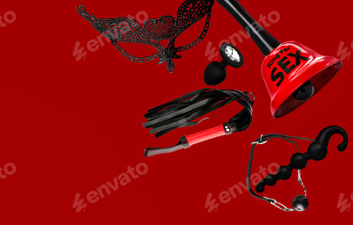 Preview: Sex toys and accessories falling on red background. Banner design with space for text