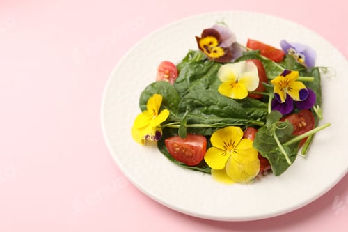 Preview: Fresh salad with pansy flowers, microgreens, tomatoes and spinach on pink table, closeup. Space for