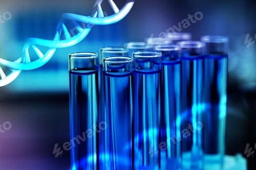 Preview: DNA strands and test tubes with samples, color toned. Research in biochemistry and genetics