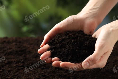 Preview: Woman with fresh soil on blurred background, closeup