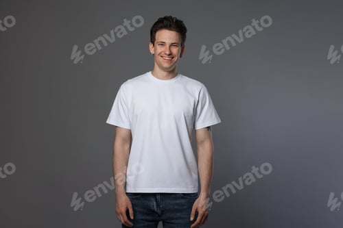 Preview: Handsome young man in blank white t-shirt on grey background. Mockup for design