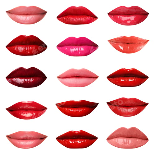 Preview: Female lips with lipsticks of different shades on white background, collage