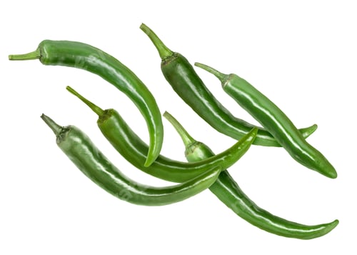 Preview: Green chili peppers flying in air on white background