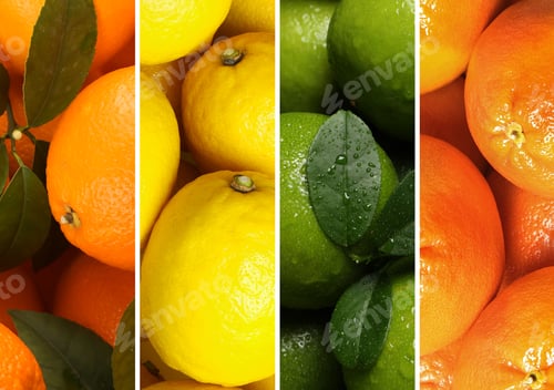 Preview: Citrus fruits collage, top view. Lemons, oranges, grapefruits and limes