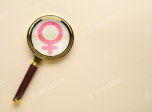 Preview: Female gender symbol and magnifying glass on beige background, top view. Space for text