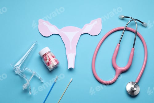 Preview: Gynecology. Flat lay composition with female reproductive system made of paper, vaginal speculum and
