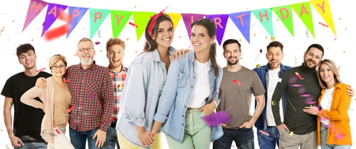Preview: Birthday girls celebrating with their family and friends on white background. Surprise party with co