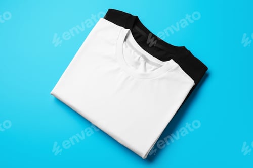 Preview: Blank folded t-shirts on light blue background, top view. Mockup for design