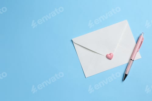 Preview: Love letter and pen on light blue background, top view. Space for text