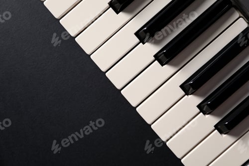 Preview: Piano keys on black background, top view. Space for text