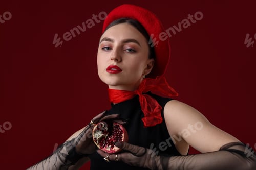 Preview: Beautiful woman with ripe pomegranate on red background