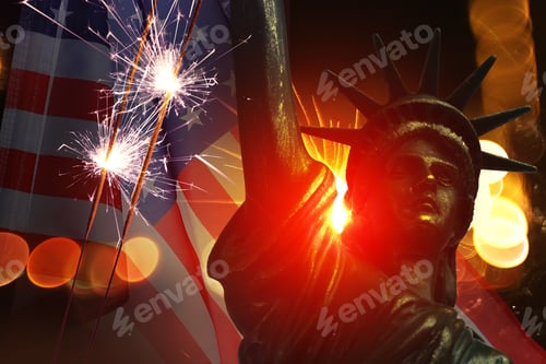 Preview: Statue of Liberty, firework, burning sparklers and flag of USA. Greeting card or poster design for n