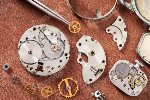 Preview: Mechanism of vintage wrist watch and gears on brown leather surface, flat lay
