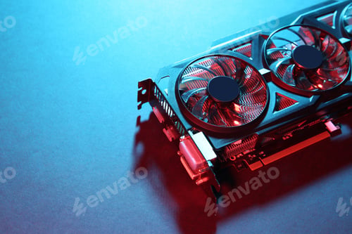 Preview: Computer graphics card on color background, closeup. Space for text