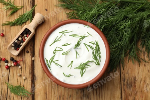 Preview: Tasty sour cream with dill in bowl and peppercorns on wooden table, flat lay