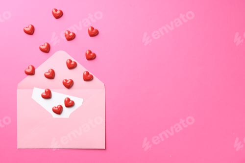 Preview: Envelope with greeting card and decorative hearts on pink background, flat lay. Space for text