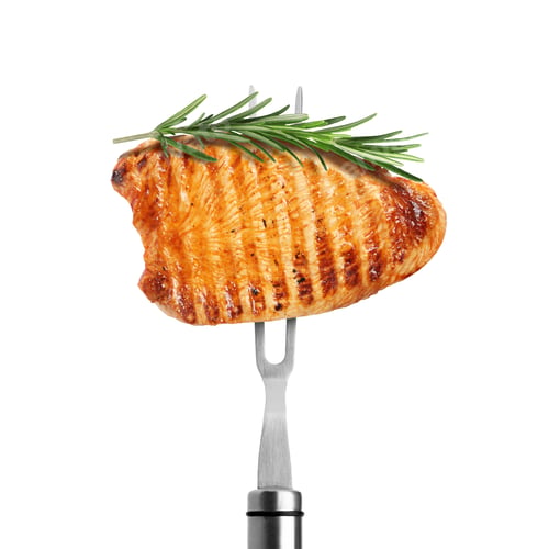 Preview: Carving fork with grilled chicken and rosemary isolated on white