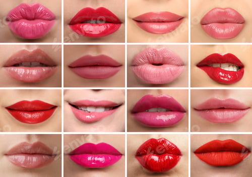 Preview: Women's lips with lipsticks of different shades, collage