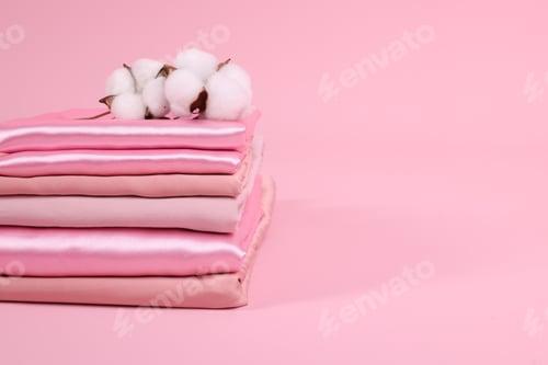 Preview: Stack of fresh bed linens and cotton flowers on pink background, closeup. Space for text