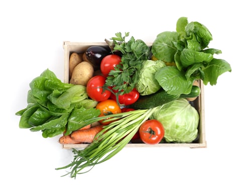 Preview: Wooden crate with fresh vegetables isolated on white, top view