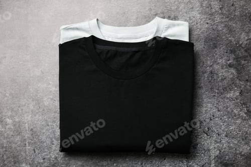 Preview: Blank folded t-shirts on grey textured background, top view. Mockup for design