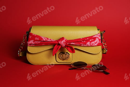 Preview: Stylish handkerchief, sunglasses and bag on red background