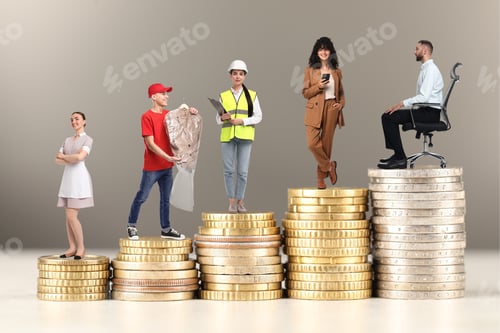 Preview: People of various professions standing on different stacks of coins according to their salaries agai