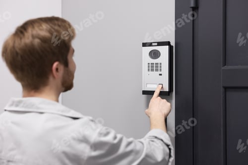 Preview: Man pressing button on intercom panel indoors