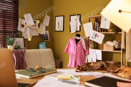 Preview: Fashion designer's workplace with sketches of outfits, clothes and furniture indoors