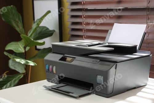 Preview: Modern printer on white desk indoors, closeup