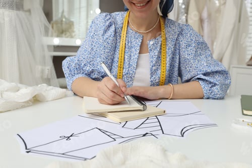 Preview: Dressmaker working with patterns at white table in atelier, closeup