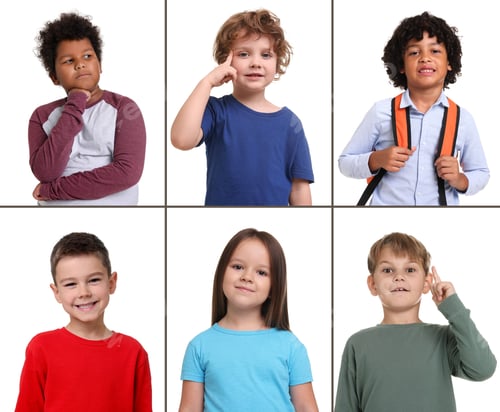 Preview: Cute children on white background. Collage of portraits