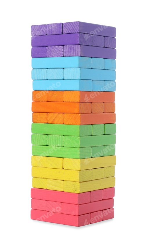 Preview: Colorful tower made of wooden blocks isolated on white