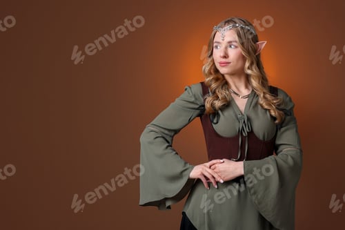 Preview: Portrait of beautiful elf girl on brown gradient background, space for text
