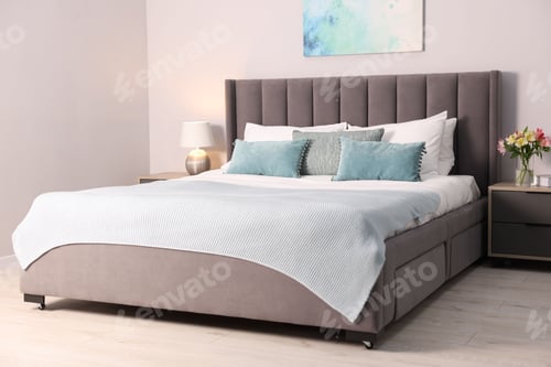 Preview: Comfortable bed with clean linens in bedroom