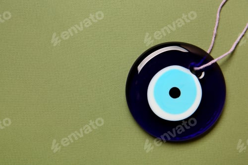 Preview: Evil eye amulet on olive background, top view. Space for text