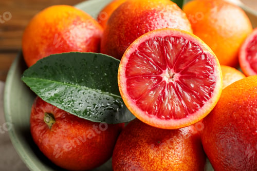 Preview: Whole, cut Sicilian oranges and green leaf in bowl on table, closeup