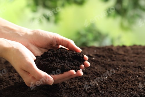 Preview: Woman with fresh soil on blurred background, closeup