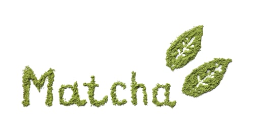 Preview: Word Matcha and leaves made of green powder isolated on white, top view