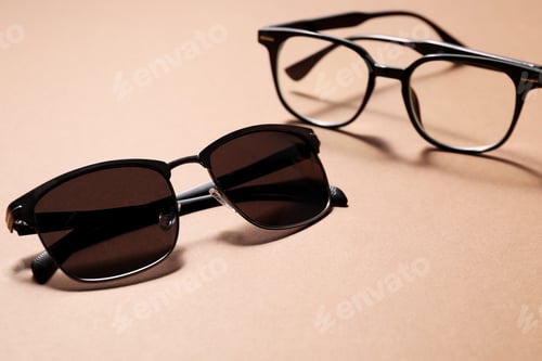 Preview: Different stylish glasses on beige background, closeup