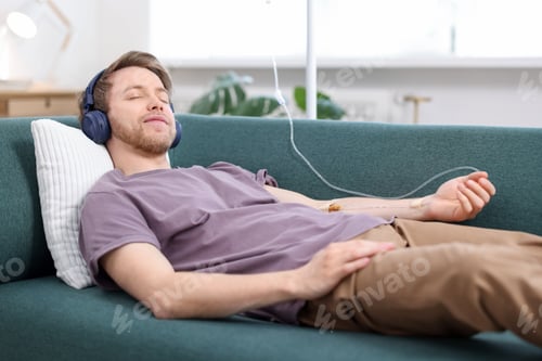 Preview: Man with IV drip listening to music on sofa at home