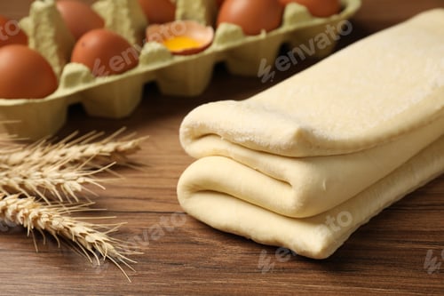 Preview: Raw puff pastry dough, eggs and spikes on wooden table, closeup