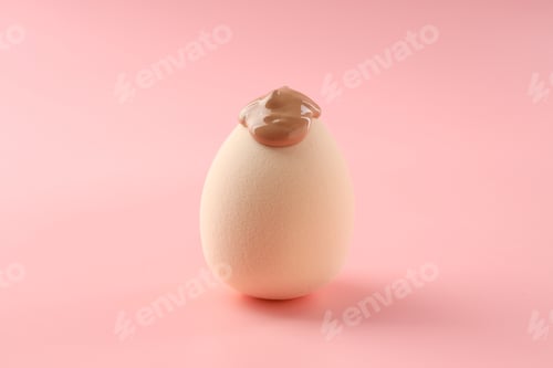 Preview: Makeup sponge with skin foundation on pink background, closeup