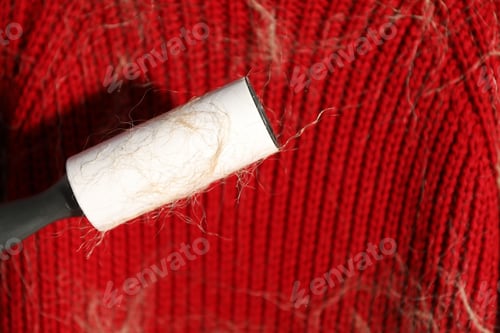 Preview: Cleaning red sweater with lint roller, closeup