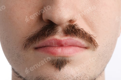 Preview: Man with mustache on white background, closeup