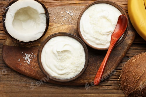 Preview: Tasty coconut yogurt with flakes and nut on wooden table, flat lay